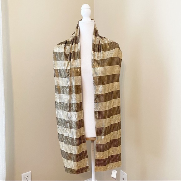Joan Vass NWT Sequin Striped Scarf Gold & Bronze - Picture 3 of 13
